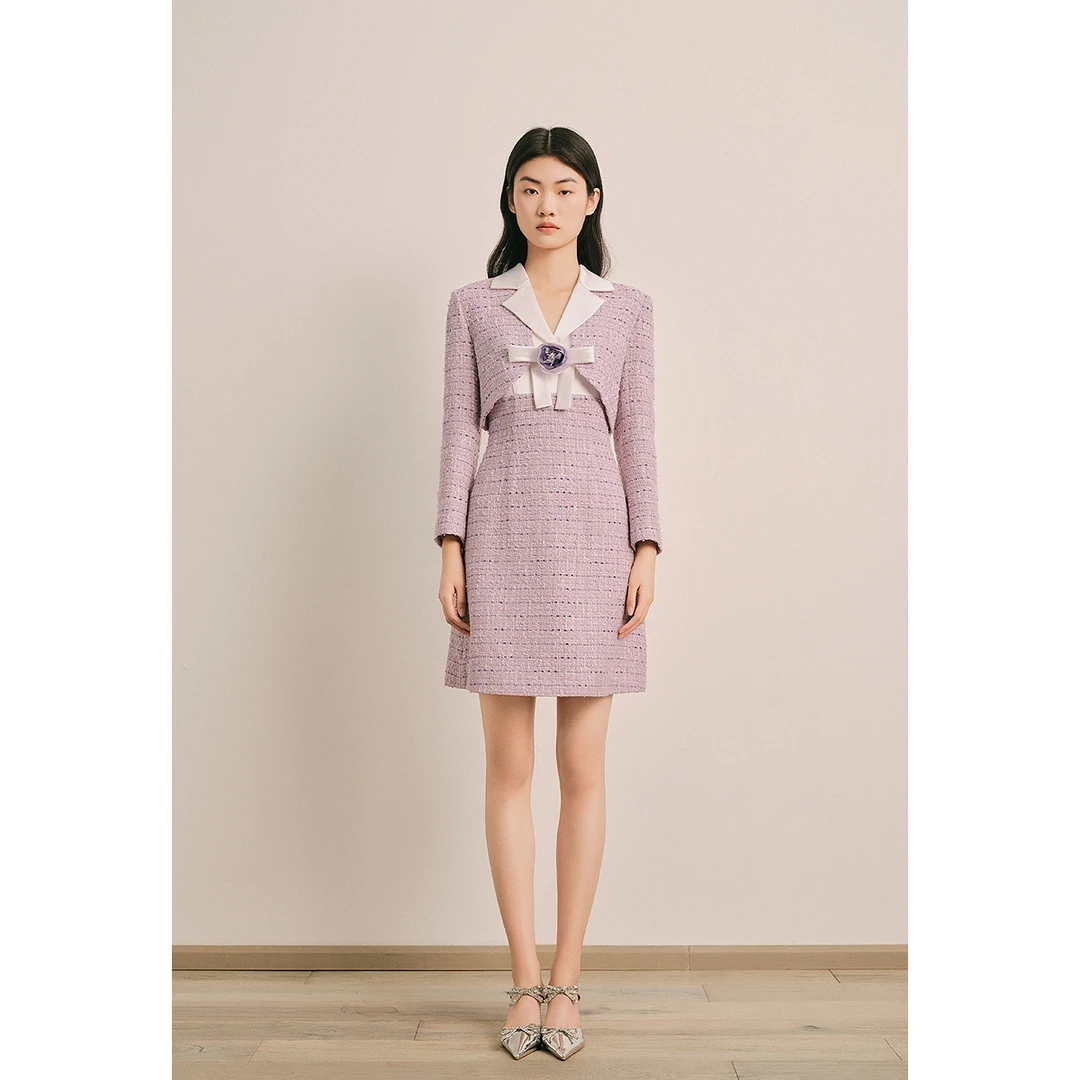 OBBLIGATO奥丽嘉朵浅蝴蝶结撞花纱假两件连衣裙1C65105230