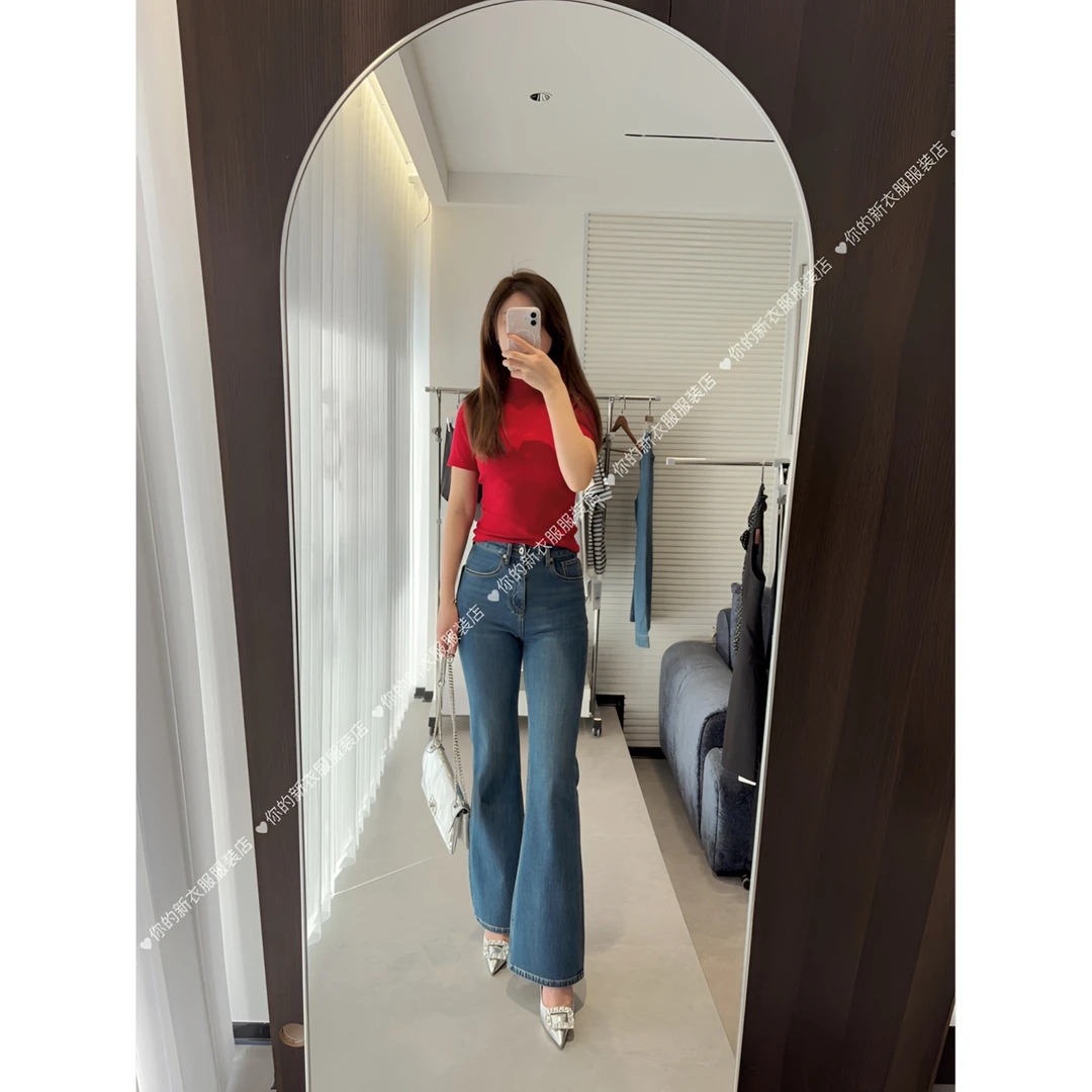 春季新款四面弹显瘦微喇长裤修身高腰