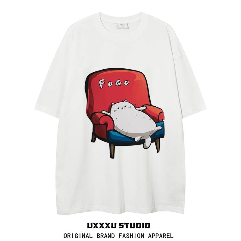 uxxxustudio国潮牌学院风情侣夏季短袖T恤女重磅不透猫咪趣味个性