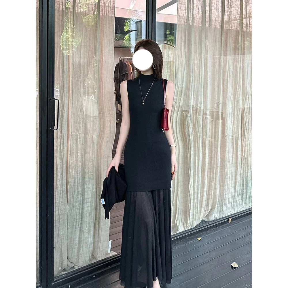 赫本风掐腰裙子女2025早秋法式高级感气质大方得体黑色无袖连衣裙