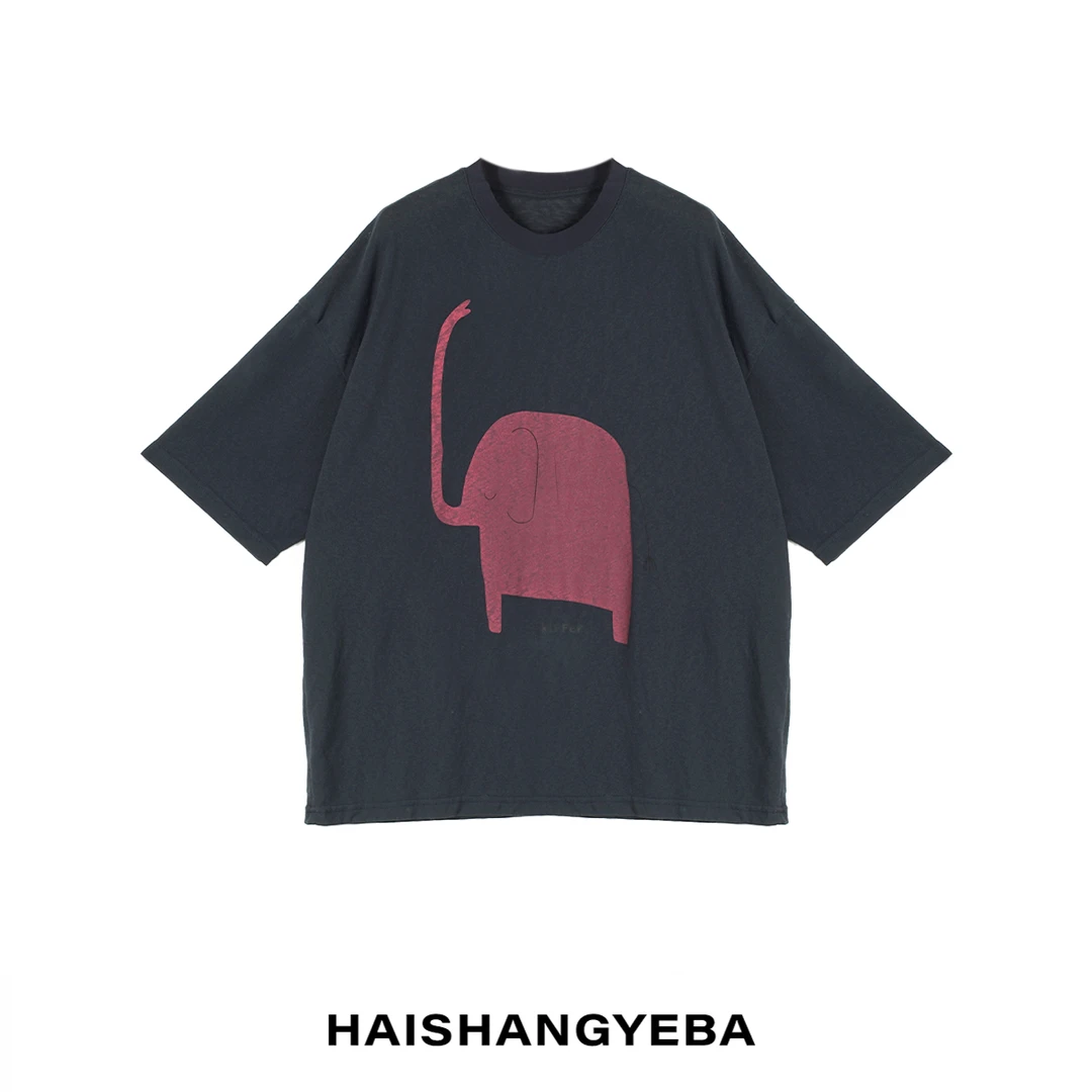 【海上叶爸】新款2025夏季百搭棉圆领小象印花薄款休闲T恤