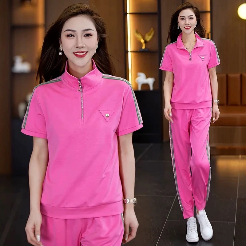 时尚洋气学院风休闲运动套装玫粉色短袖卫衣束腿裤两件套女夏8912