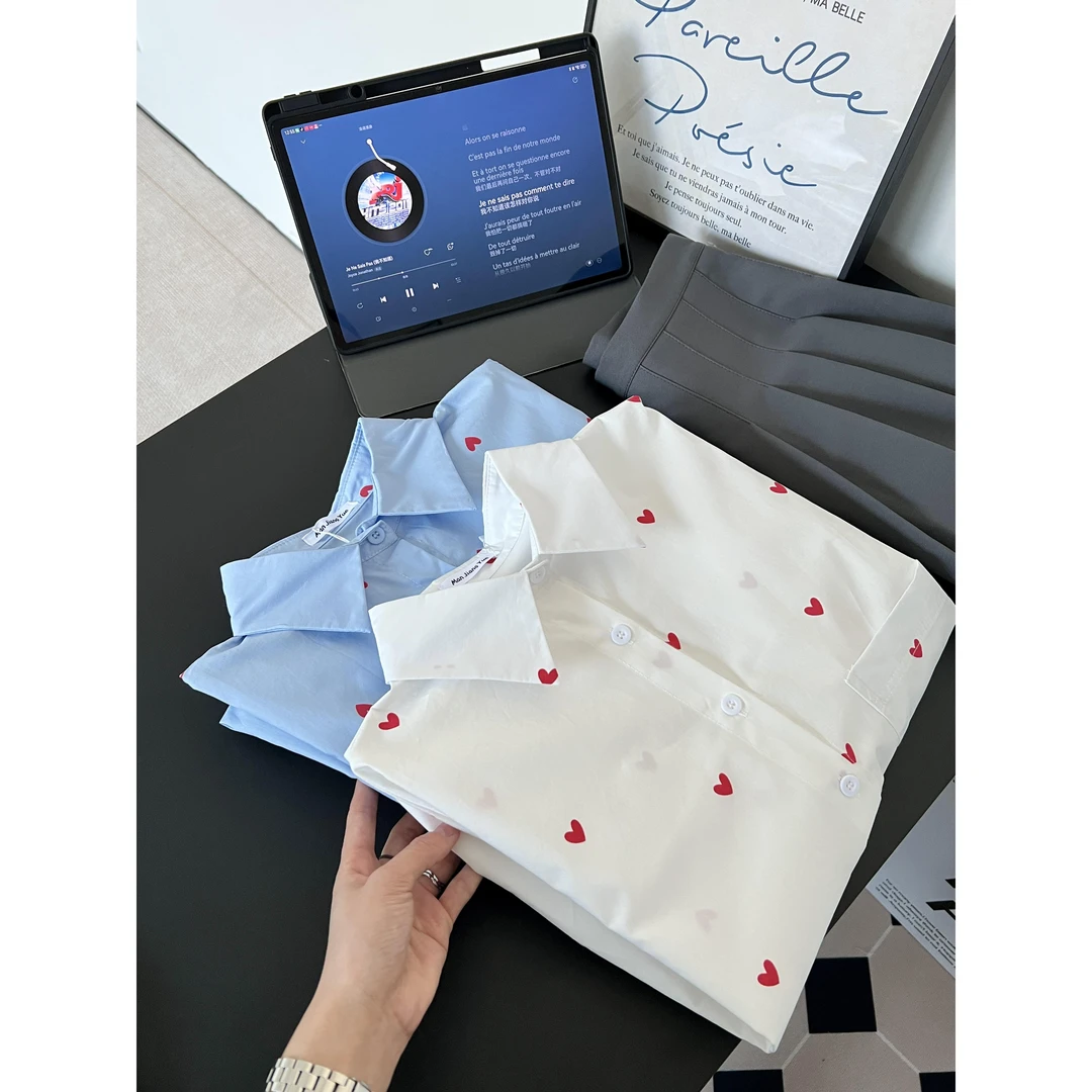 设计感爱心印花衬衫女2025春款韩系休闲百搭打底衬衣外套