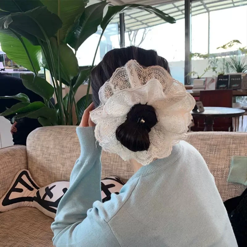 韩国白色蕾丝发圈头花早春新款气质大肠圈女甜美法式韩女风丸子头