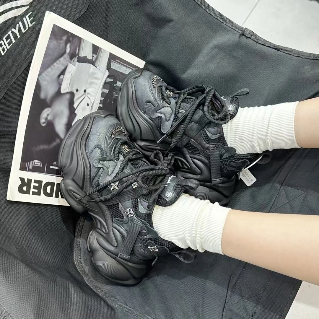 2025年秋季新款真皮厚底增高老爹鞋女百搭系带休闲运动鞋