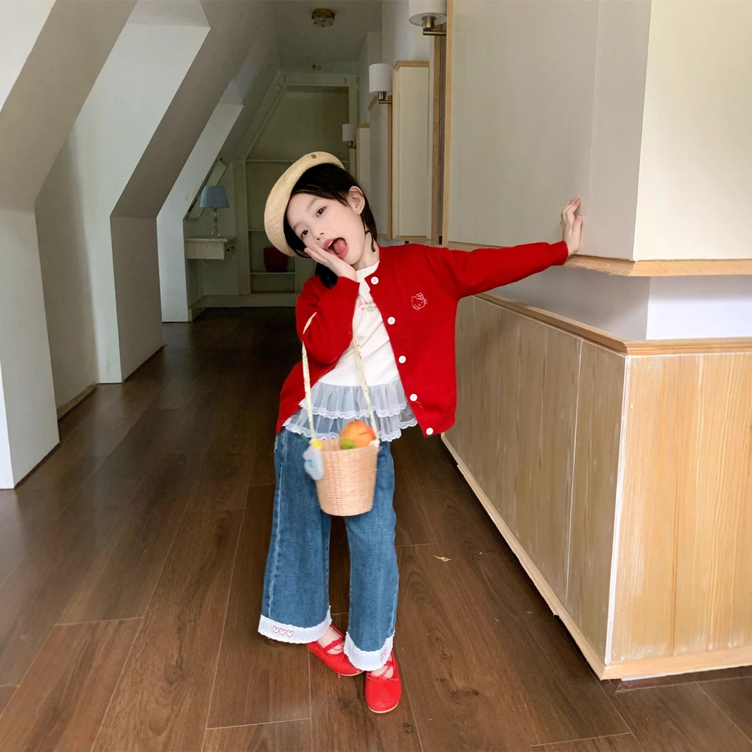 小思家2025秋季新款女童韩版洋气毛线开衫花边打底衫牛仔裤套装