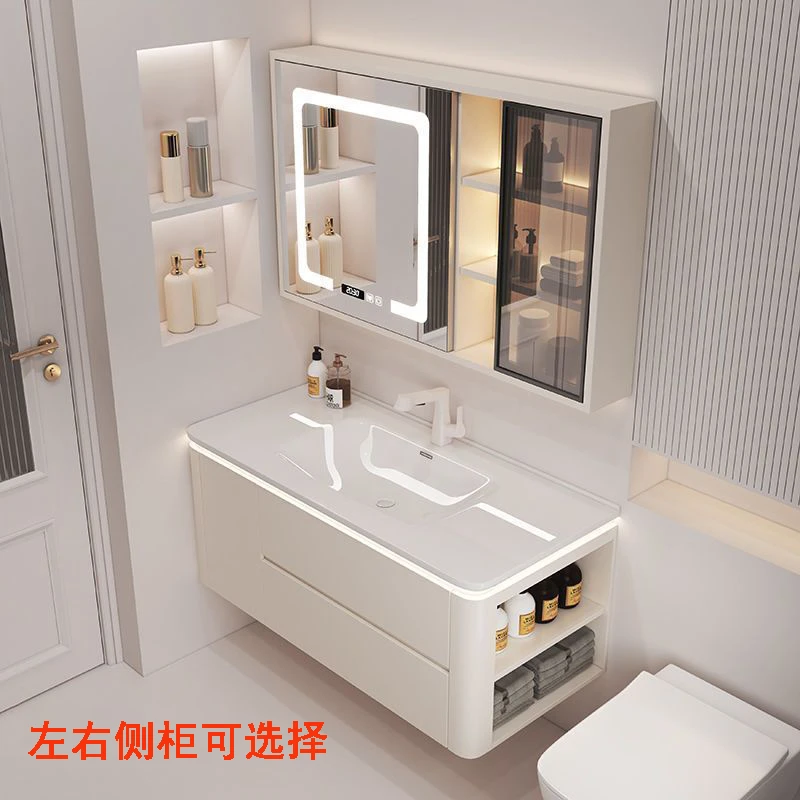 简约奶油风一体智能实木洗手台带侧边储物卫生间浴室柜组合洗脸盆
