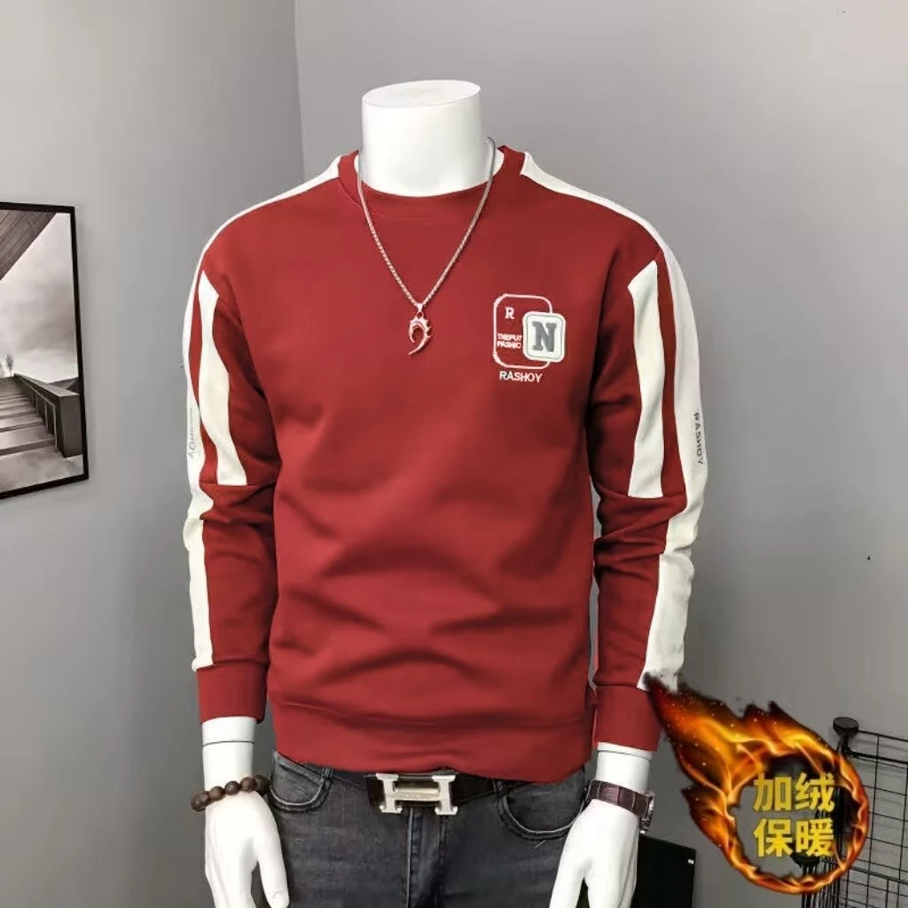 2025欧版新款高品质加绒男士刺绣时尚保暖潮流百搭打底衫长袖卫衣