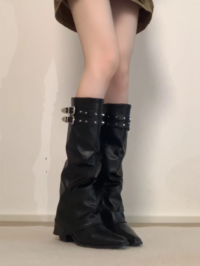 牛皮版~铆钉骑士靴高筒西部靴时尚复古不过膝皮带扣辣妹时装靴子
