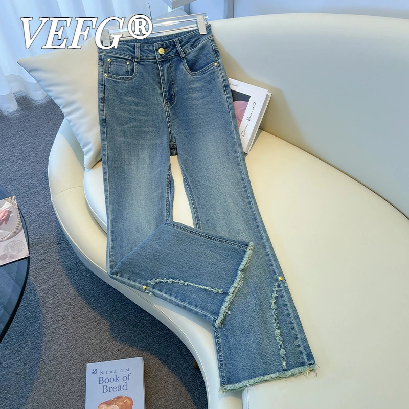 VEFG高腰微喇裤牛仔裤2025年新款女春秋款小个子修身显瘦九分裤女