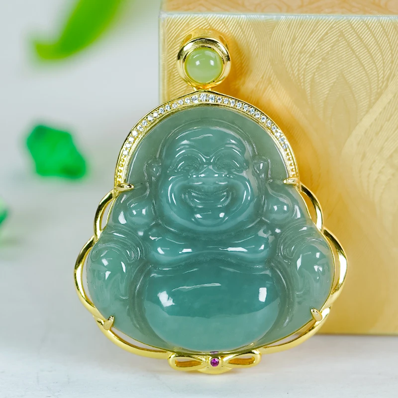 天然和田玉银镶嵌精致大气一点绿设计晴水大肚佛公吊坠挂绳（深色）