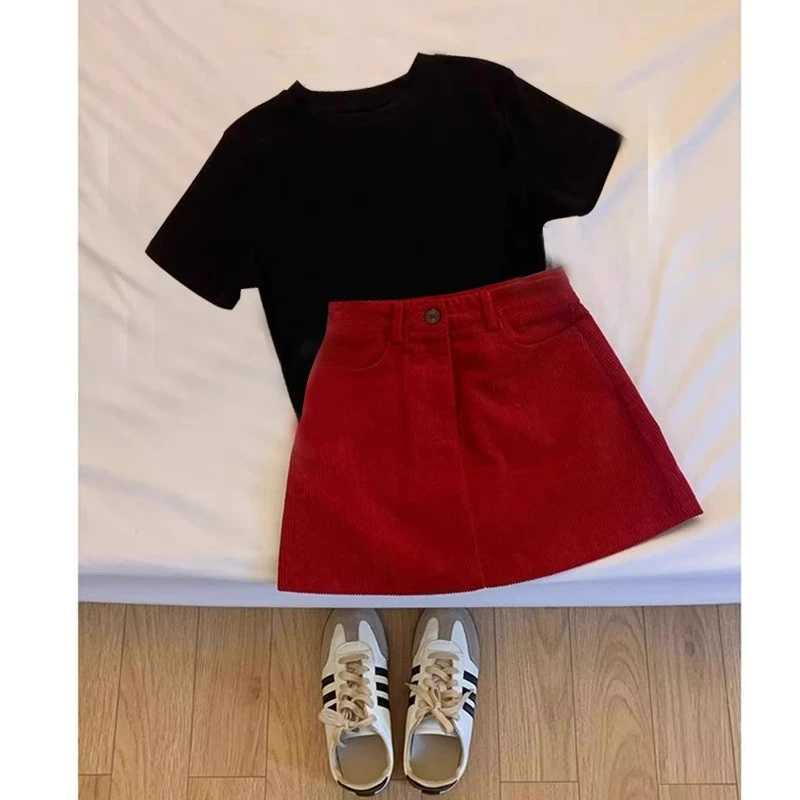 夏季套装女装2025新款胖mm韩系百搭显瘦短袖上衣红色半身裙两件套