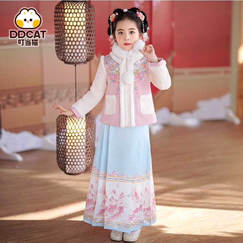 叮当猫女童汉服马面裙冬装2024新款加绒儿童秋冬中国风加厚拜年服