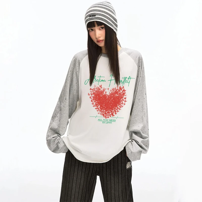 秋季美式潮流爱心印花插肩袖男女装2025新款简约时尚宽松休闲上衣