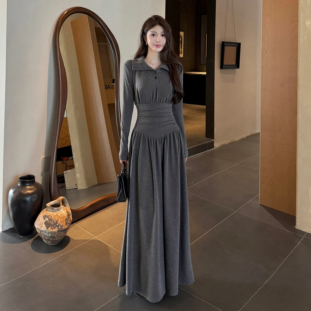 【运补8米】灰色高领秋冬打底连衣裙收腰显瘦A字裙复古气质内搭长裙
