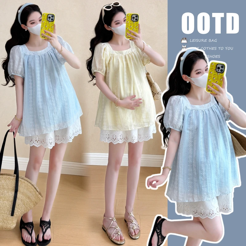 【晴晴】孕妇上衣夏季2025新款时尚宽松显瘦方领提花娃娃衫孕妇夏装