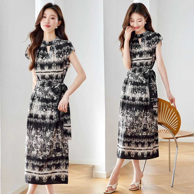 2025夏季新款气质优雅裙子短袖收腰显瘦绑带复古印花连衣裙