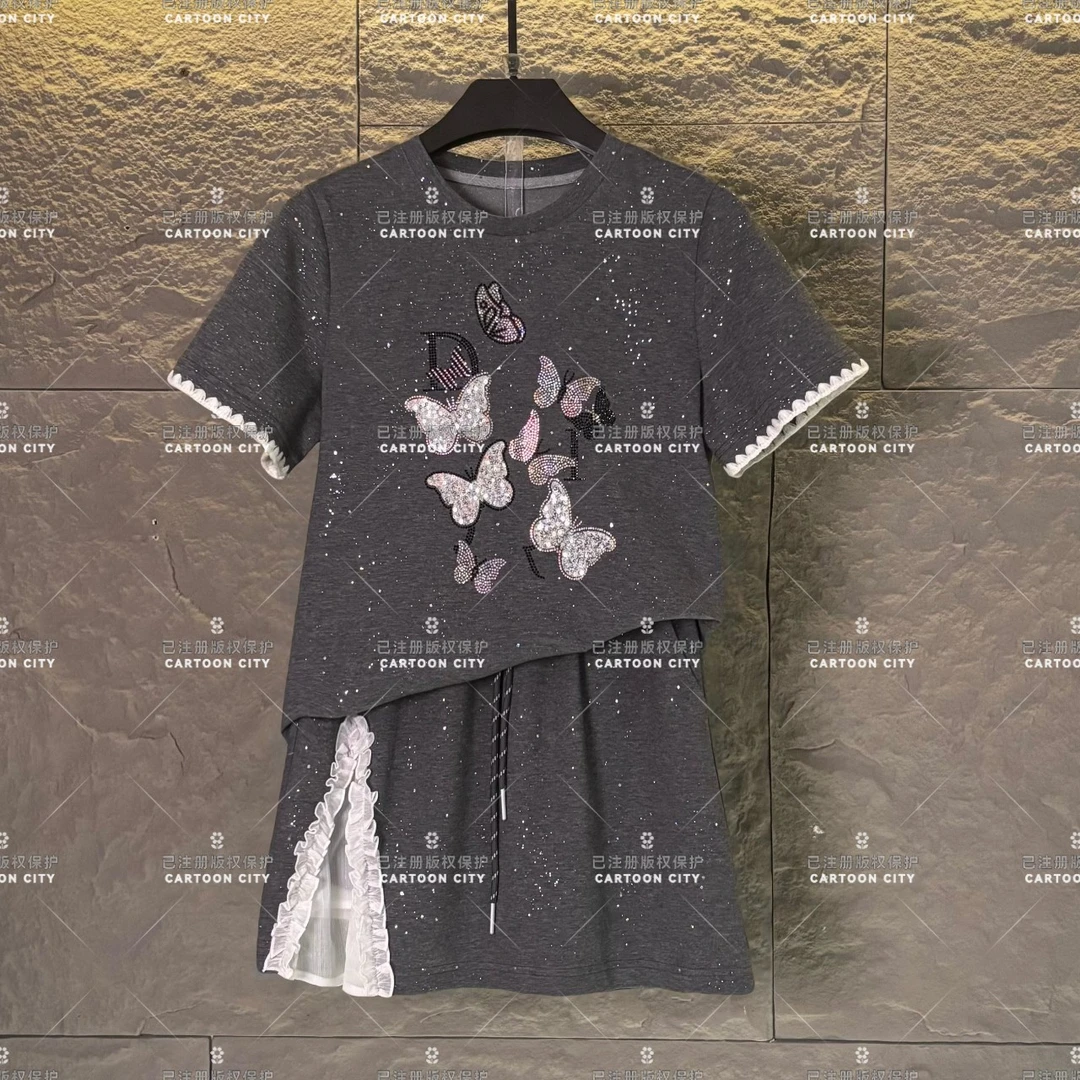 编码59 WMA-A258<烫钻蝴蝶>丨宽松版夏季T恤短裙休闲套装