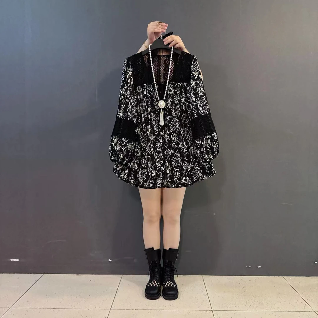 胖MMV领蕾丝拼接碎花宽松遮肉大衫雪纺长袖上衣