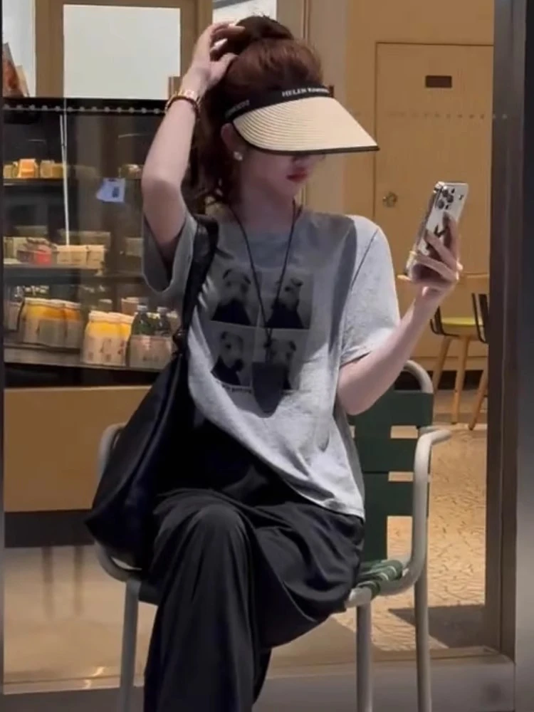 韩系夏季美式圆领印花时尚短袖T恤女2025年新款休闲宽松显瘦上衣