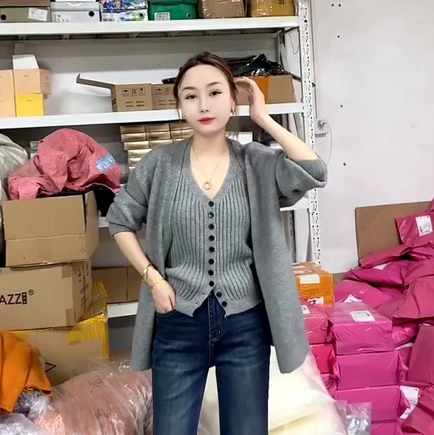 欧货品质韩版慵懒风针织开衫+吊带内衬两件套套装
