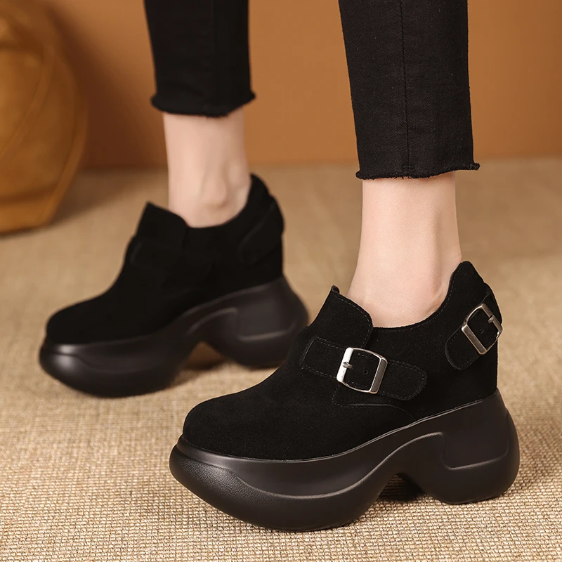 小个子内增高女鞋7.5+3.5cm坡跟单鞋反毛皮日系勃肯鞋厚底松糕鞋