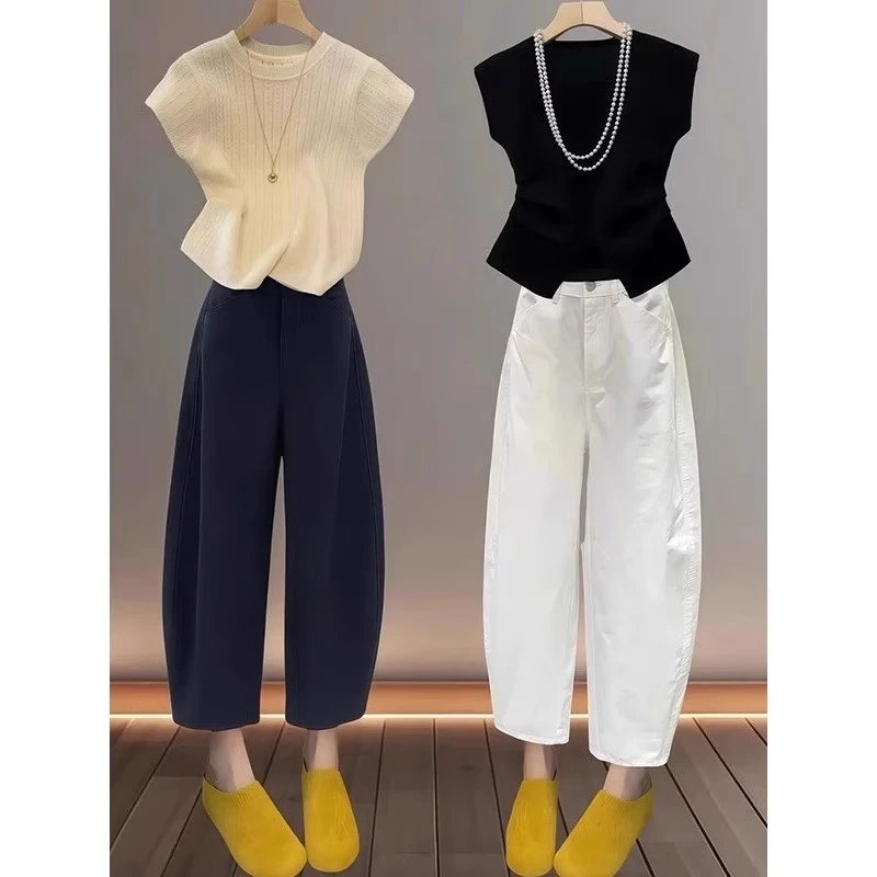 小个子九分香蕉阔腿裤女2025夏季新款大码高腰白色萝卜弯刀裤子