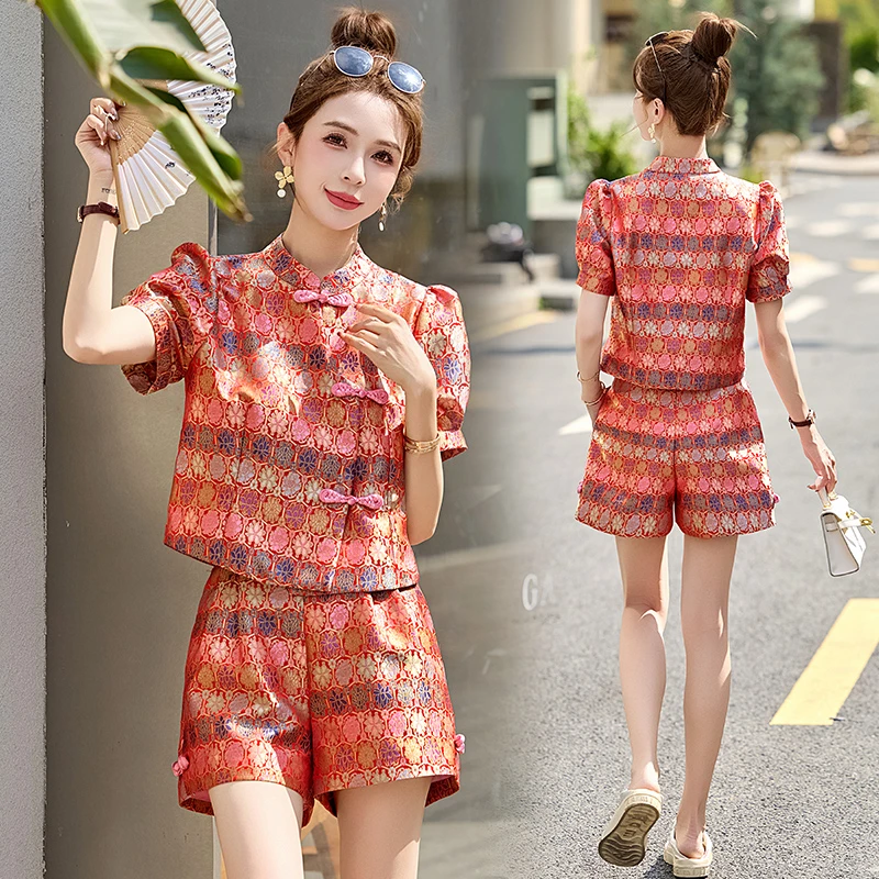 新中式国风提花短裤套装女2025夏季新款复古盘扣小个子减龄两件套