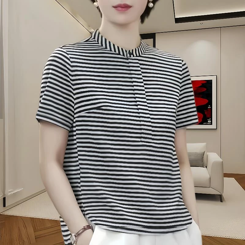 2025夏季新款女士时尚圆领短袖上衣洋气撞色条纹小个子显瘦t恤衫