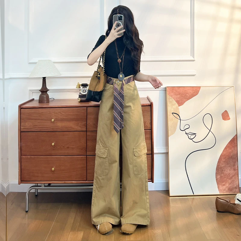 喜绚工装阔腿牛仔裤女春秋季2025新款设计感港风高街时髦直筒裤子