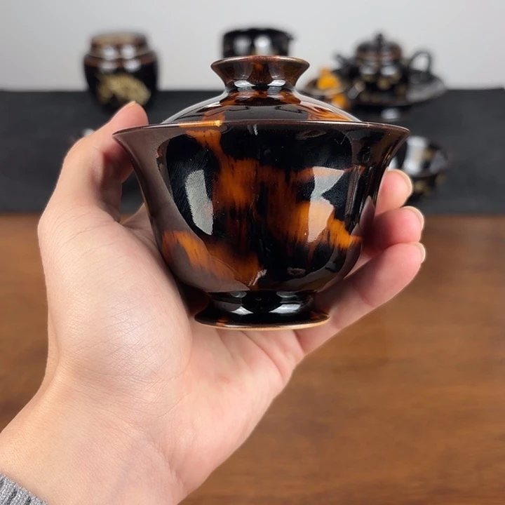 瓷玳瑁釉二才元宝盖碗