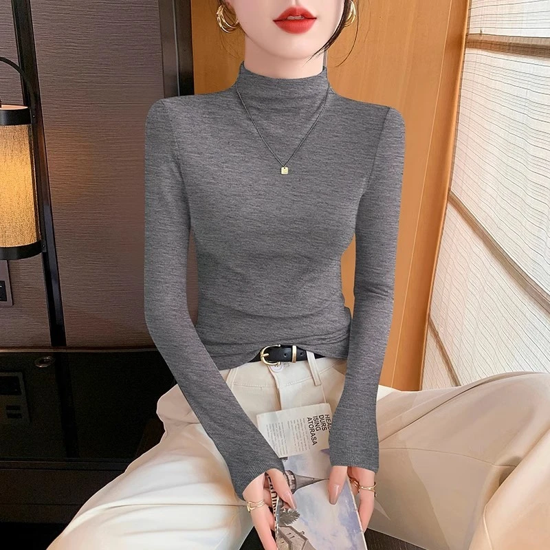 半高领显白洋气螺纹堆领修身长袖针织女士秋冬打底衫T恤保暖上衣