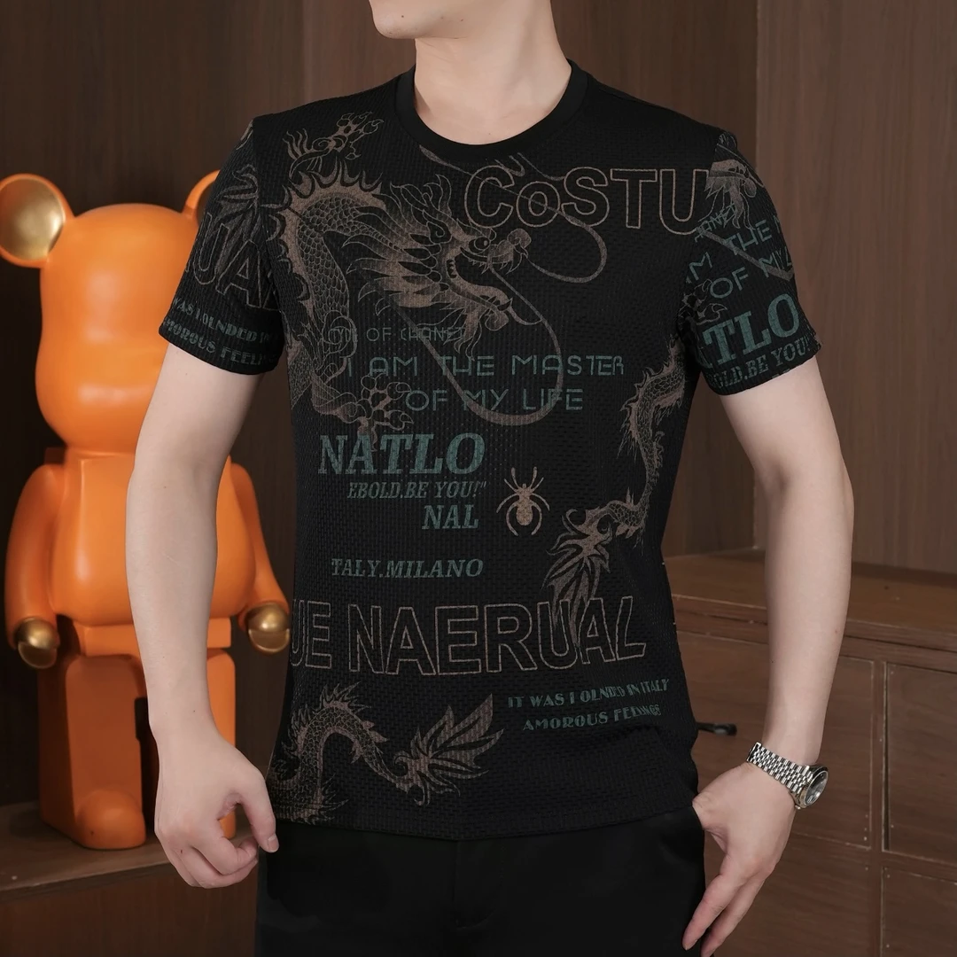 男士冰丝短袖夏季圆领休闲百搭半袖薄款潮流修身印花