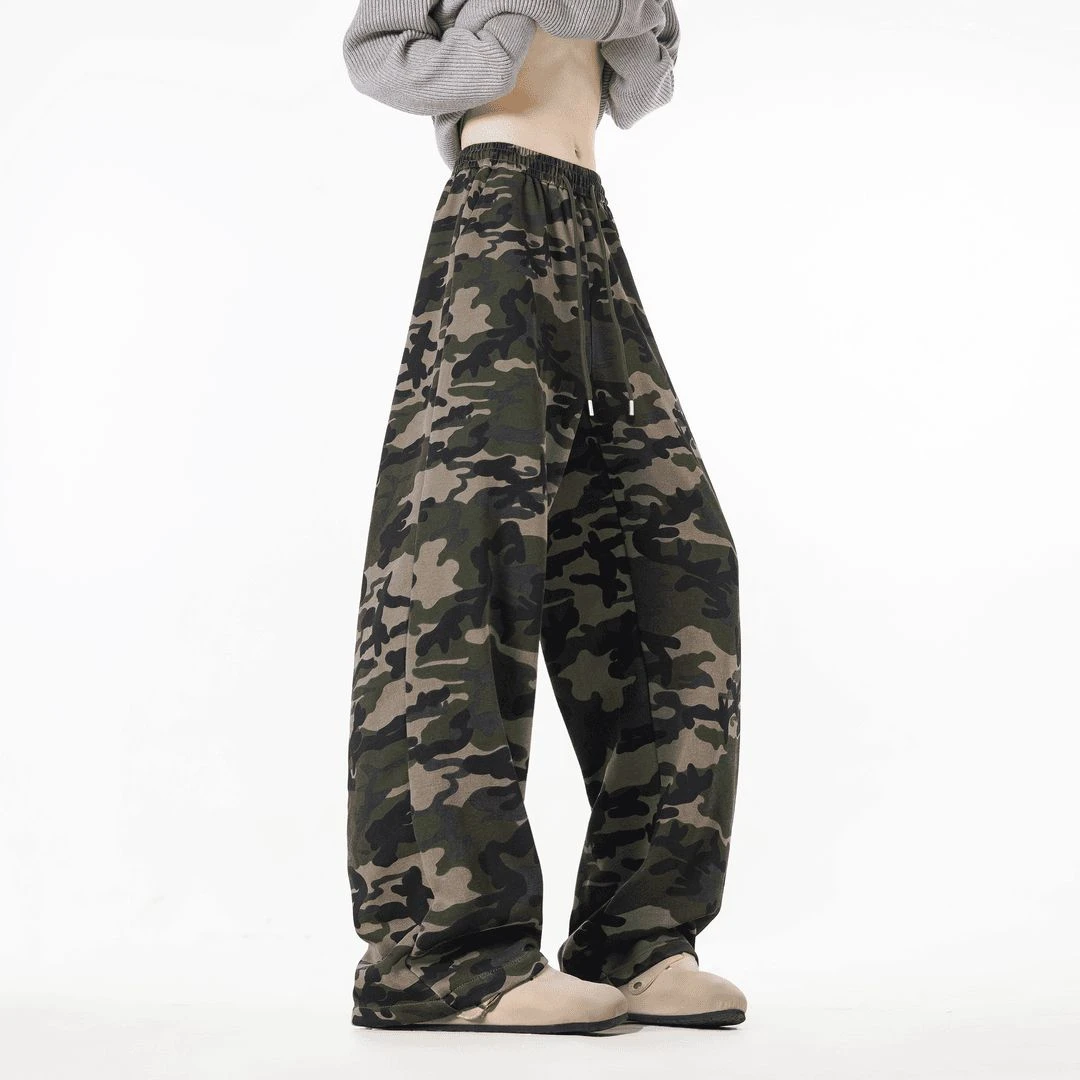 迷彩裤男女裤宽松潮流抽绳百搭美式直筒裤松紧腰阔腿休闲工装裤子