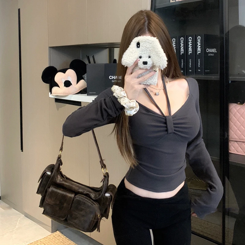 短袖内搭修身抽绳打底长袖秋季紧身挂脖褶皱紧身短上衣T恤
