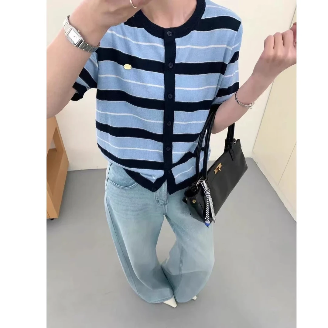 （清）圆领条纹短袖针织开衫-蓝色E25（实物以直播间为准）