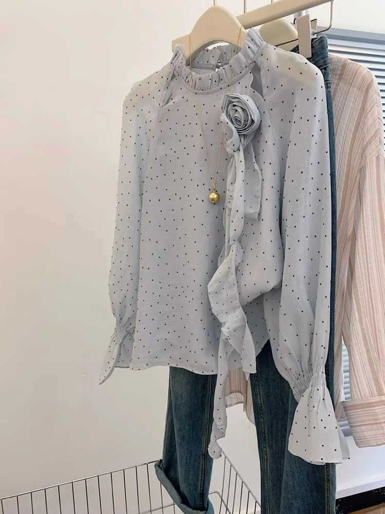 奶蓝色波点防晒衬衫女立领网纱宽松高级感设计感小众chic上衣25春