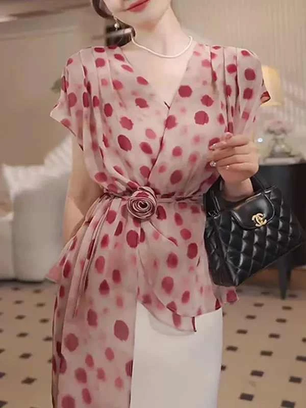 【613】法式波点印花V领衬衫女夏季新款设计感洋气百搭绑带显瘦上衣
