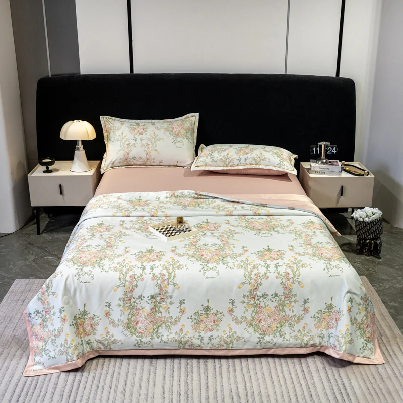 轻奢冰丝夏被四件套印花夏凉被薄款空调被机洗丝滑单人夏季专用