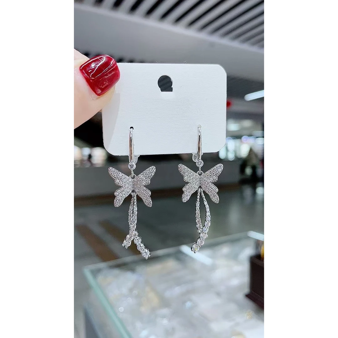 合金合成锆石耳饰 1180高级轻奢时尚蝴蝶流苏耳环