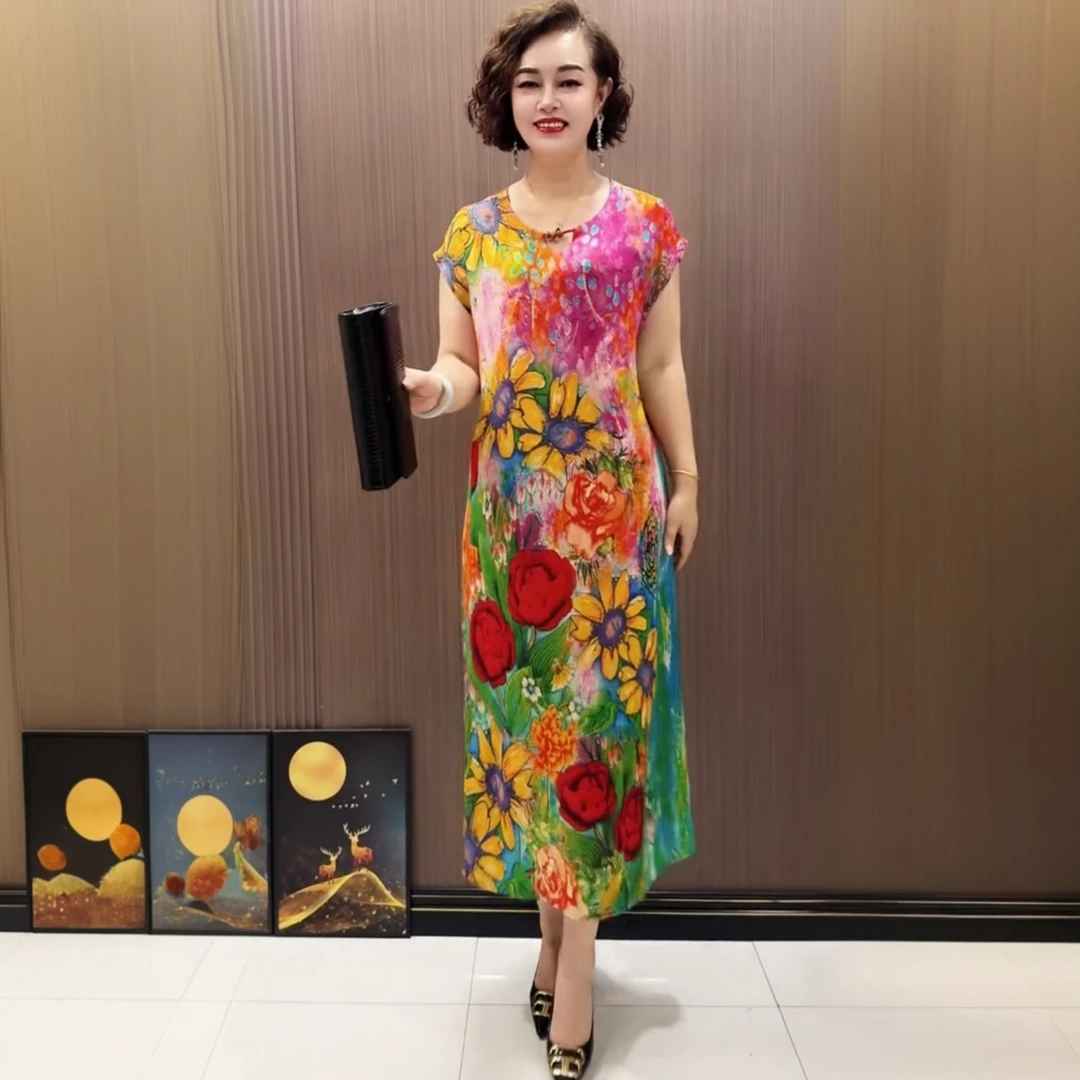 704爆款阔太太夏季短袖时尚连衣裙气质妈妈装大码碎花遮肉长裙子