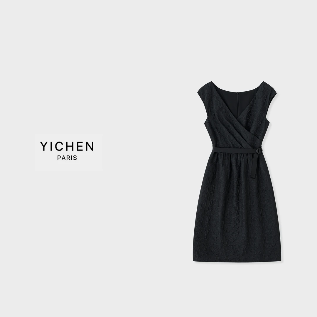 YC 高定浮雕褶皱V领收腰中长款连衣裙-1486