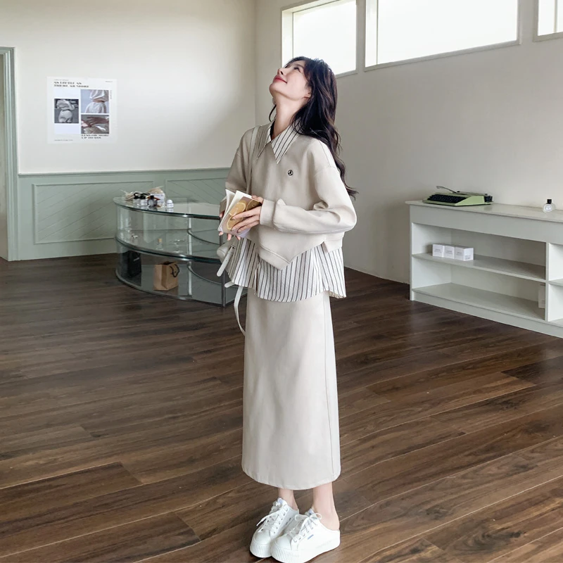 休闲慵懒风条纹衬衫卫衣半裙套装2025春秋新款韩系ins风三件套潮