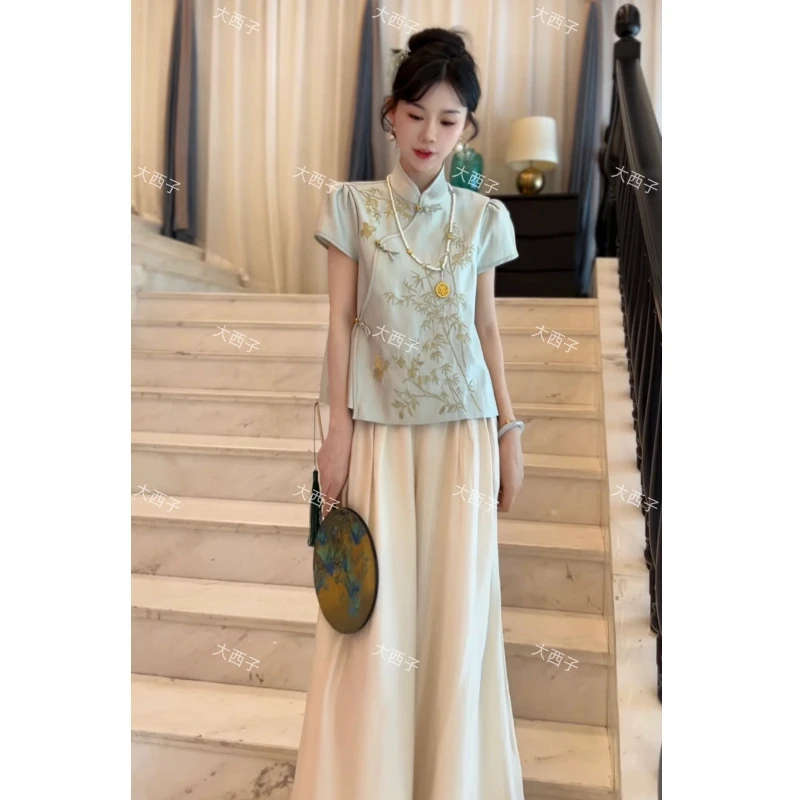 新中式气质国风刺绣无袖上衣女装2025夏季新款阔腿裤慵懒休闲套装