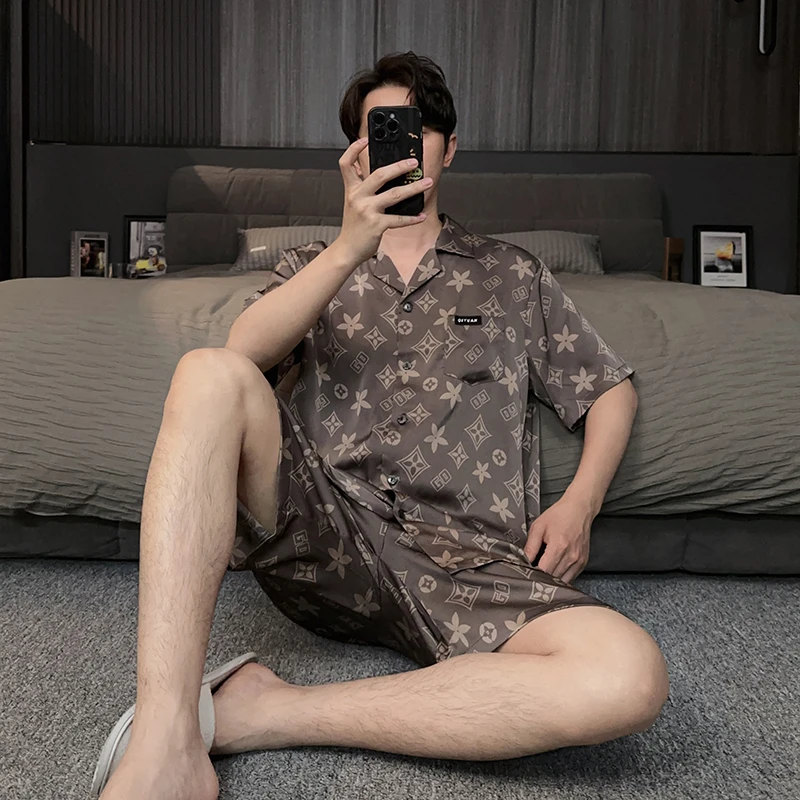 2025新款男士睡衣夏季短袖短裤冰雪丝高档轻奢风家居服可外穿套装