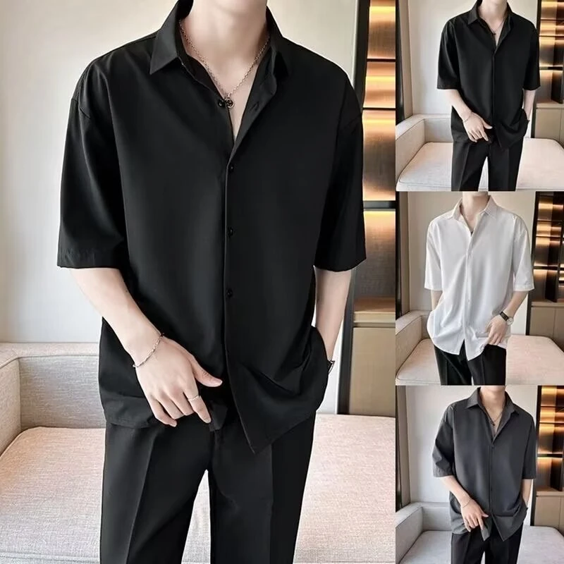 夏季薄款百搭潮流黑色短袖衬衫男士痞帅潮休闲上衣宽松白衬衣外套