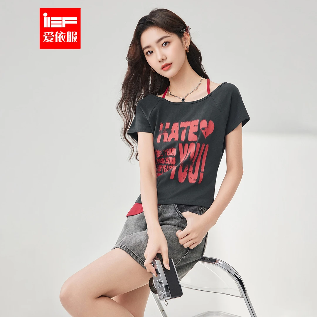 IEF/爱依服上衣2025夏季新款美式时尚休闲字母印花通勤百搭T恤女