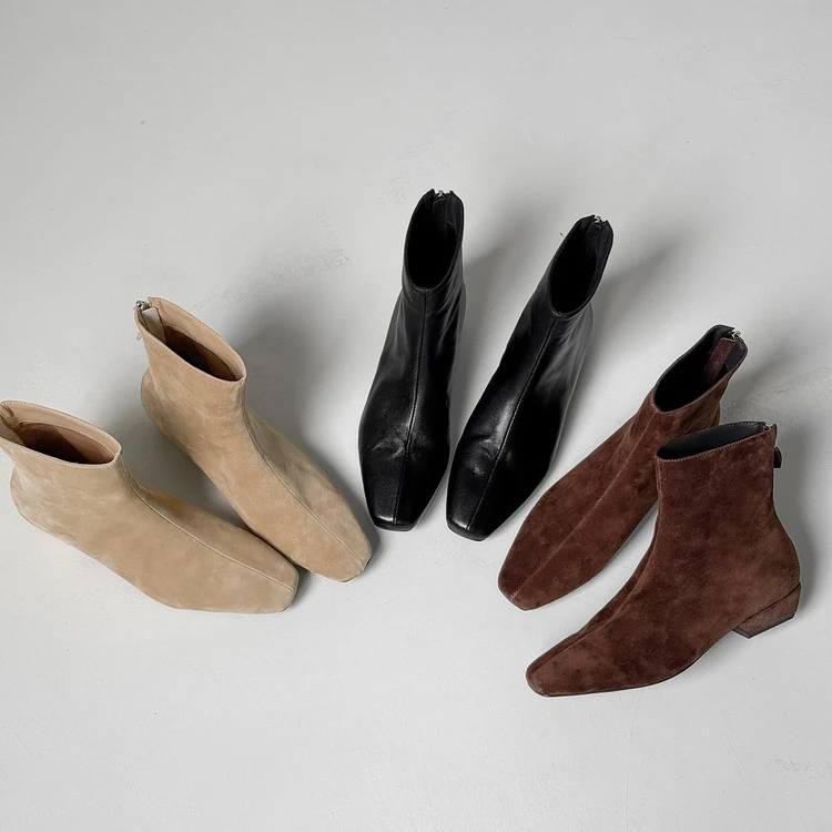 方头方跟时装靴牛皮粗跟短筒显瘦百搭显高女靴子短靴女