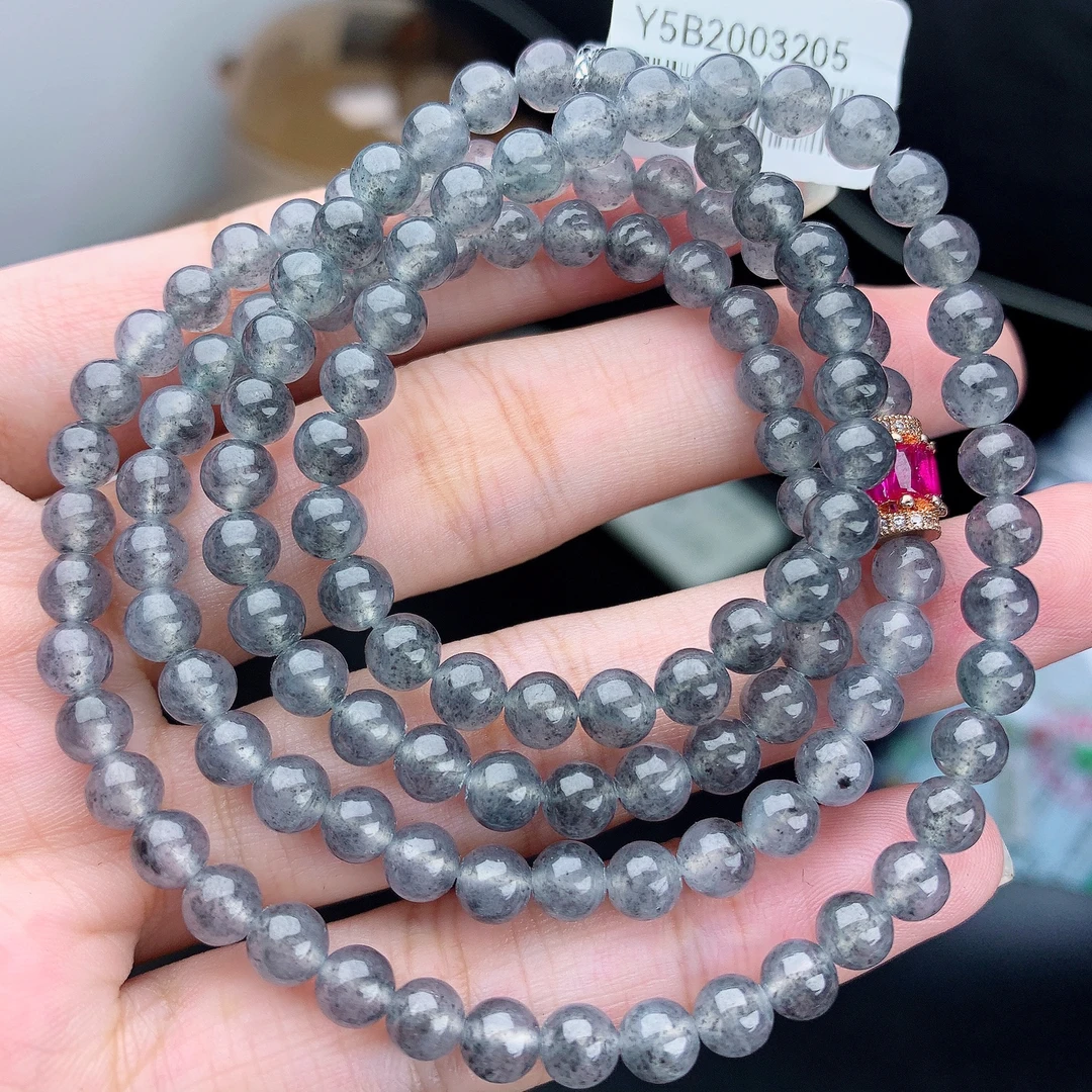 四会 缅甸A货翡翠正冰乌鸡料撒乌鸡花圆珠项链珠链T/5mm-640mm