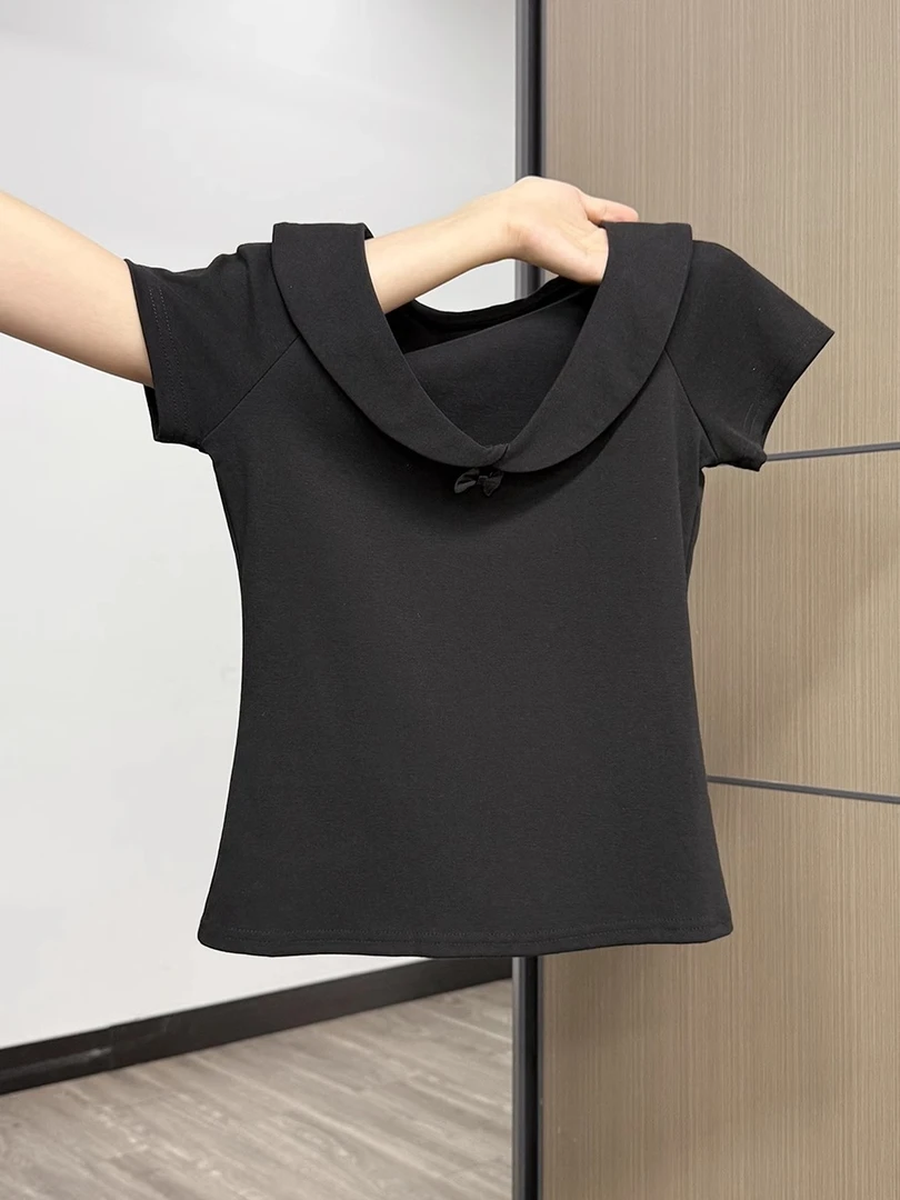 百搭蝴蝶结减龄娃娃领短袖T恤女2025年夏季新款纯欲修身短款上衣